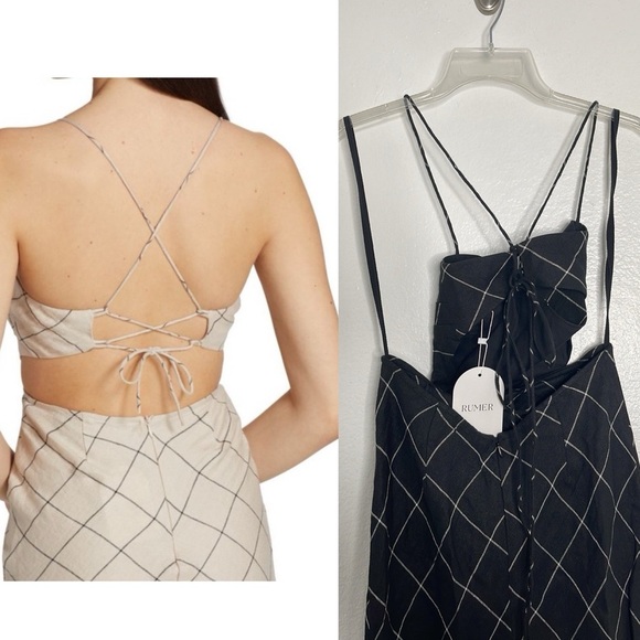 RUMER Quinn Black Criscross Back Front Slit Linen Maxi Dress Checkered Small New - Picture 3 of 10